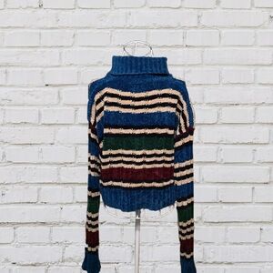 Vintage Super Soft Cropped Striped Turtleneck Sweater - Blue, Green, and Cream